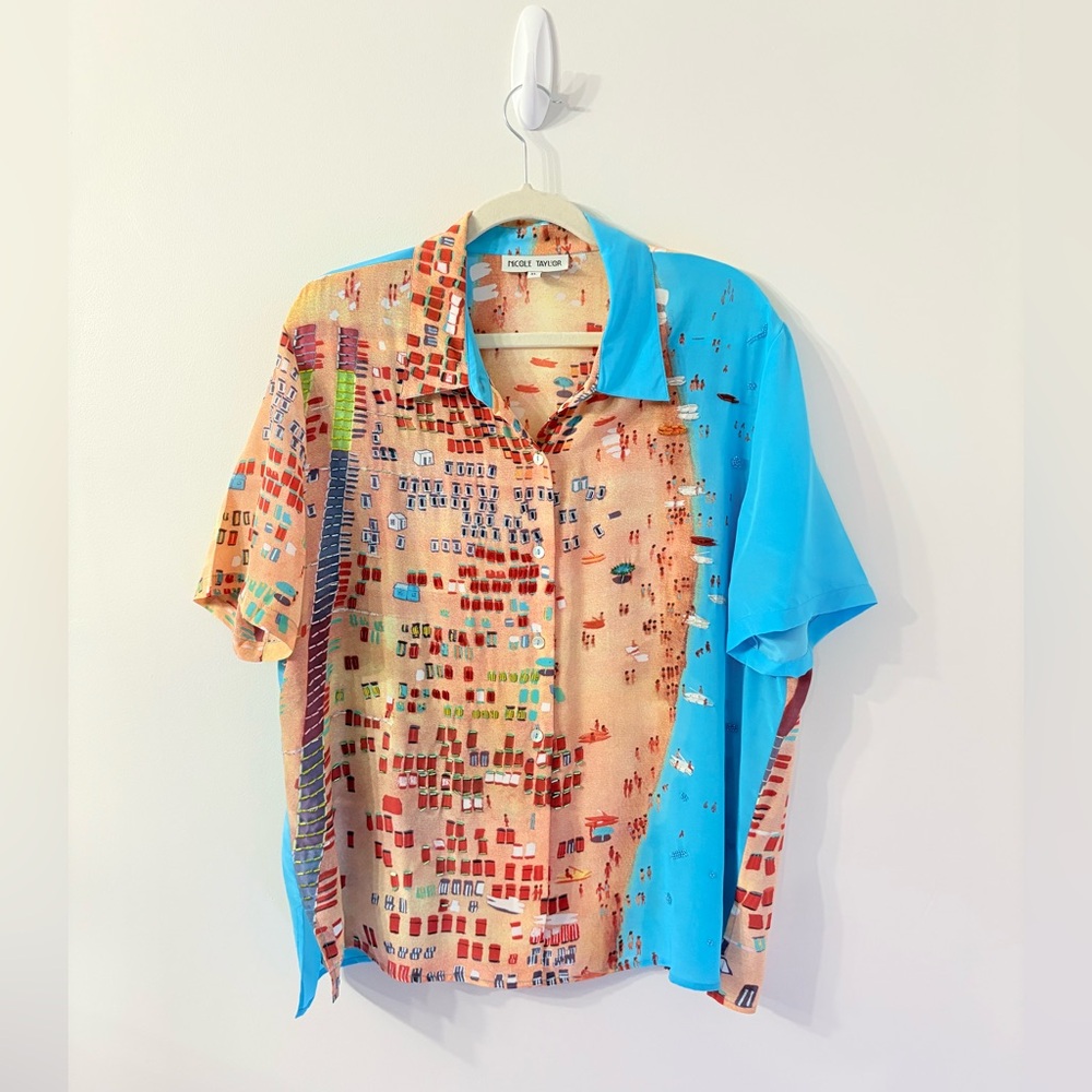 VTG Nicole Taylor Silk Beaded Bondi Beach Scenic Landscape Button up Shirt Artsy